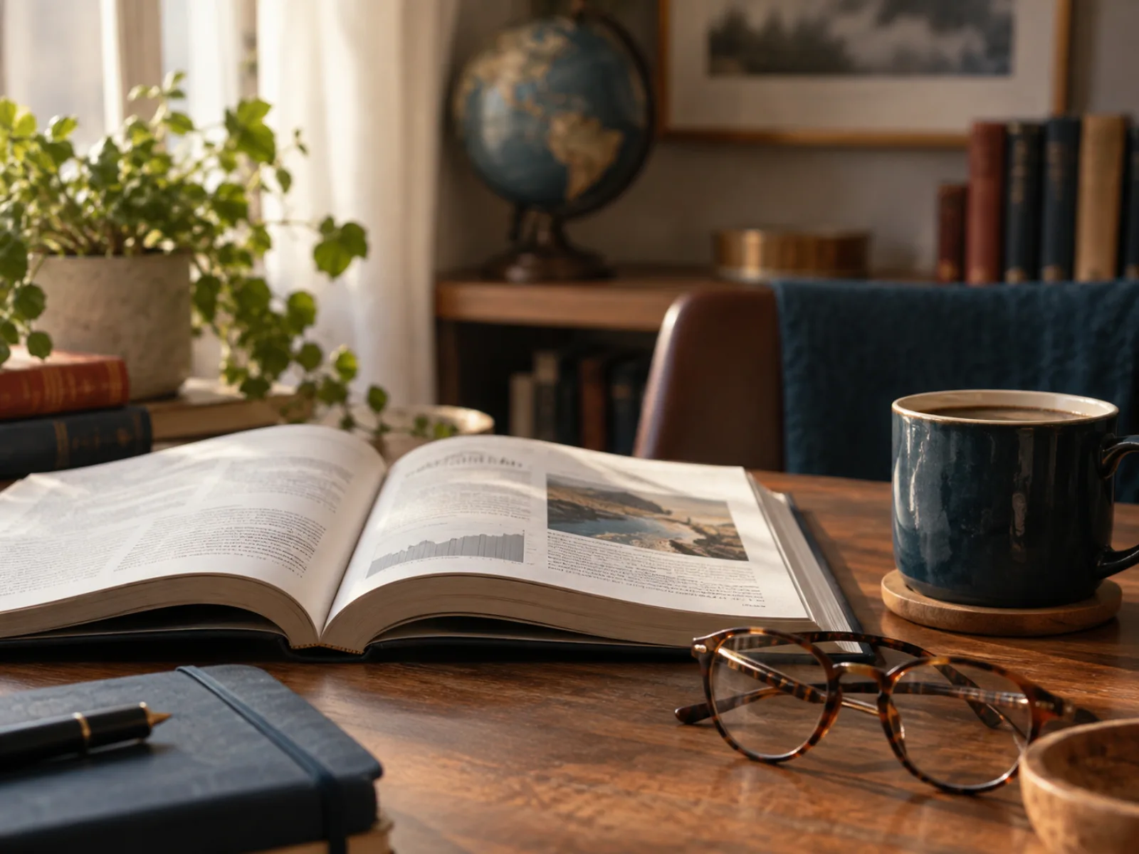 Open study materials, glasses, and a globe on a desk